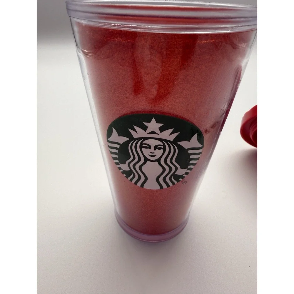 Starbucks Red Glitter Christmas Tumbler BPA free Green Stripe Straw‎ 16 oz
